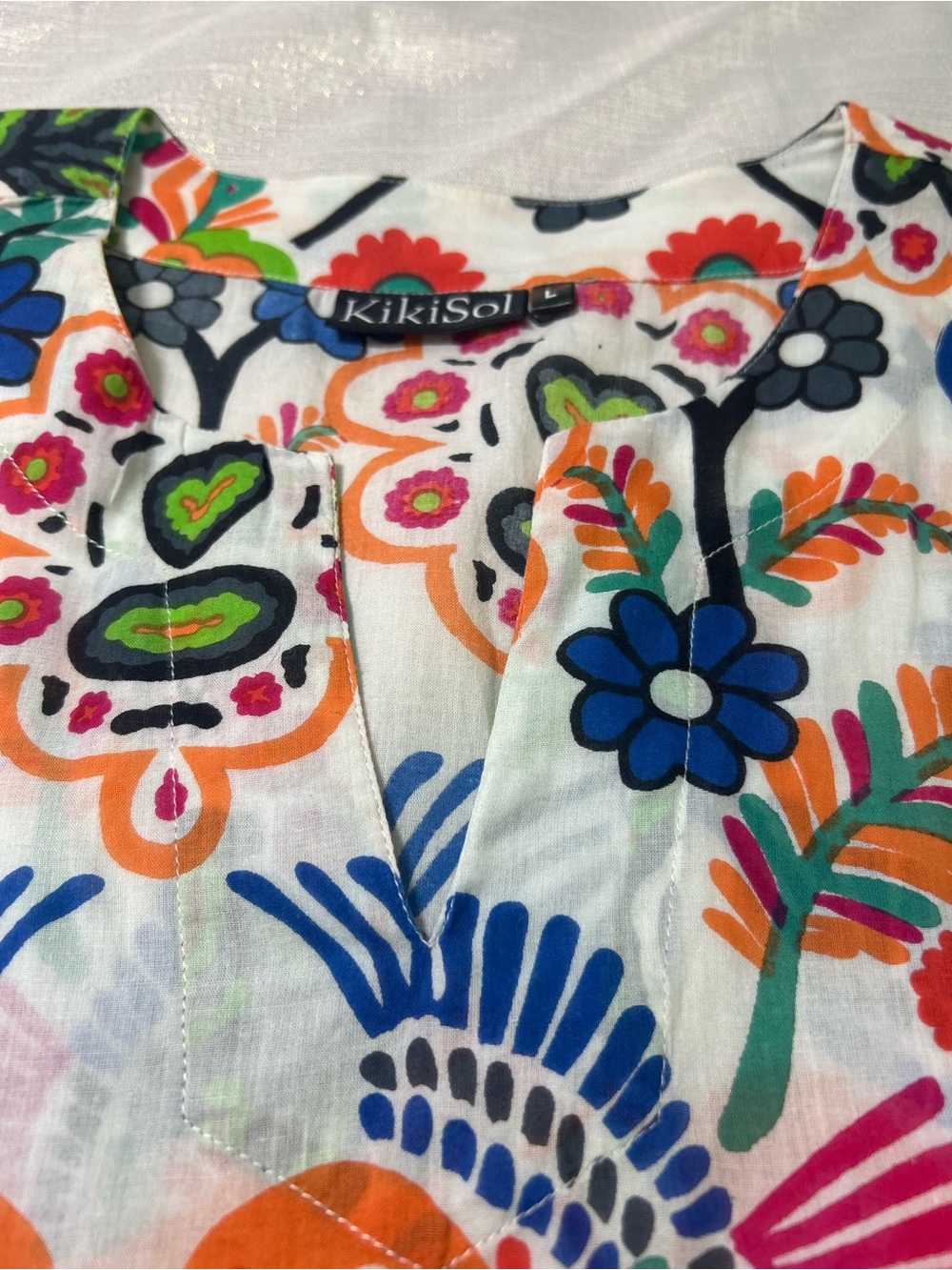 KikiSol V-neck White Multicolor Floral & Bird Print Tunic 100% Cotton Sz. L - Picture 7 of 12